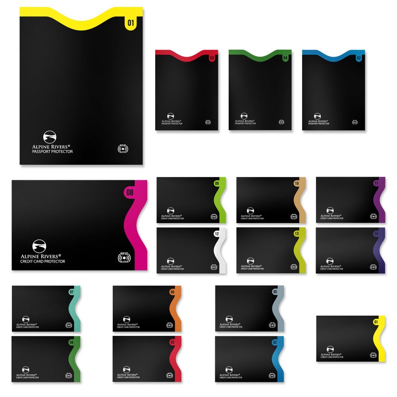 Alpine Rivers RFID Blocking Credit Card Sleeves 18-Piece Set â€“ 14 Color-Coded Card Protectors with 4 Passport Holders â€“ Slim Water-Resistant Anti-Theft Protection for Travel - Image 1