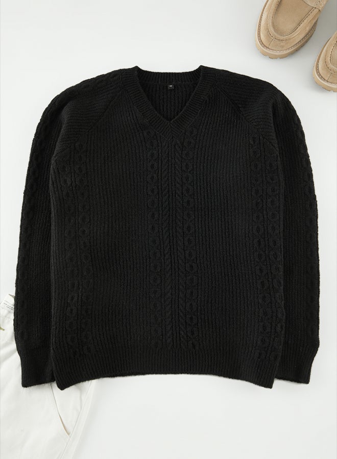 Black Oversize V Neck Hair Knit Sweater