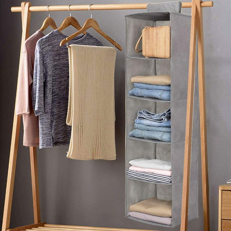 5-shelf hanging closet organizer for clothes and shoes. Foldable space-saving cupboard storage rack. 30x30x100 cm Grey. - Image 3