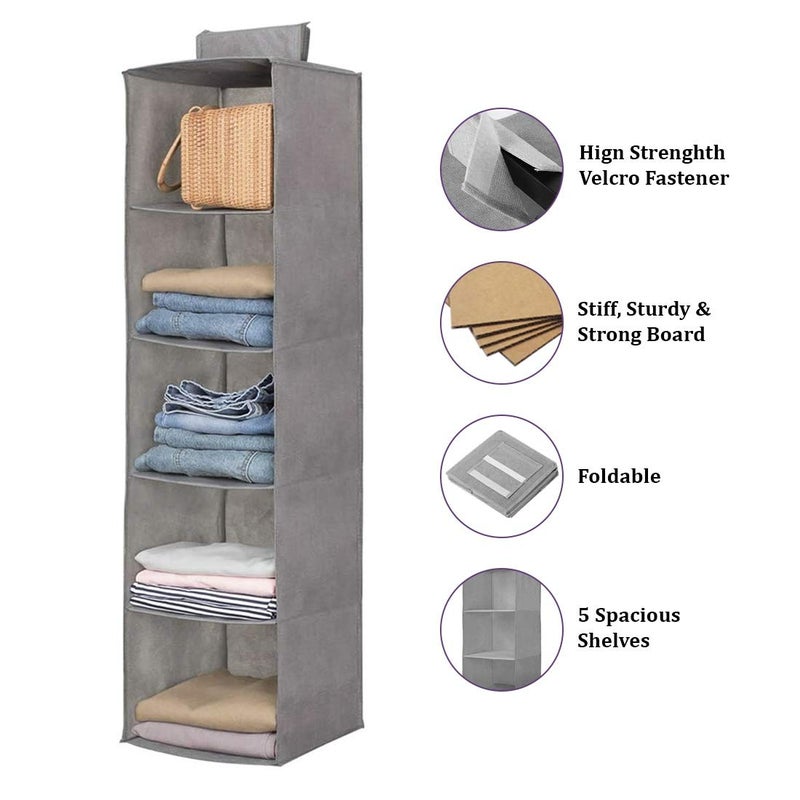 5-shelf hanging closet organizer for clothes and shoes. Foldable space-saving cupboard storage rack. 30x30x100 cm Grey. - Image 2