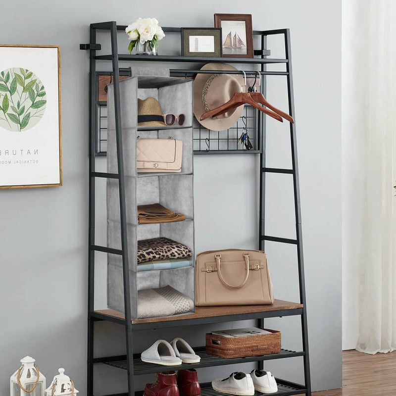 5-shelf hanging closet organizer for clothes and shoes. Foldable space-saving cupboard storage rack. 30x30x100 cm Grey. - Image 4