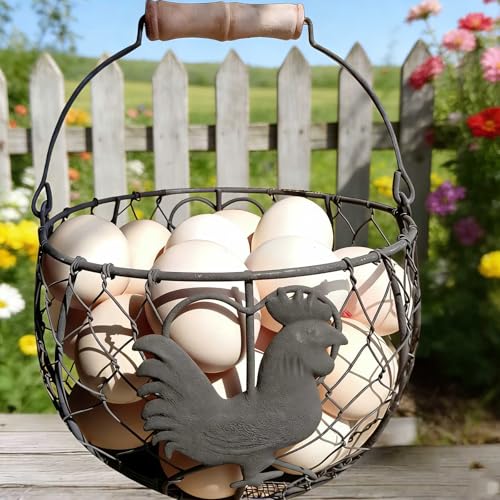 LINCOUNTRY Chicken Wire Egg Basket for Gathering Fresh Eggs Round Metal Egg Collecting Basket with Wooden Handle Farmhouse Kitchen Countertop Storage Holder Vintage Rustic Rooster Decor Daily Use - Image 1