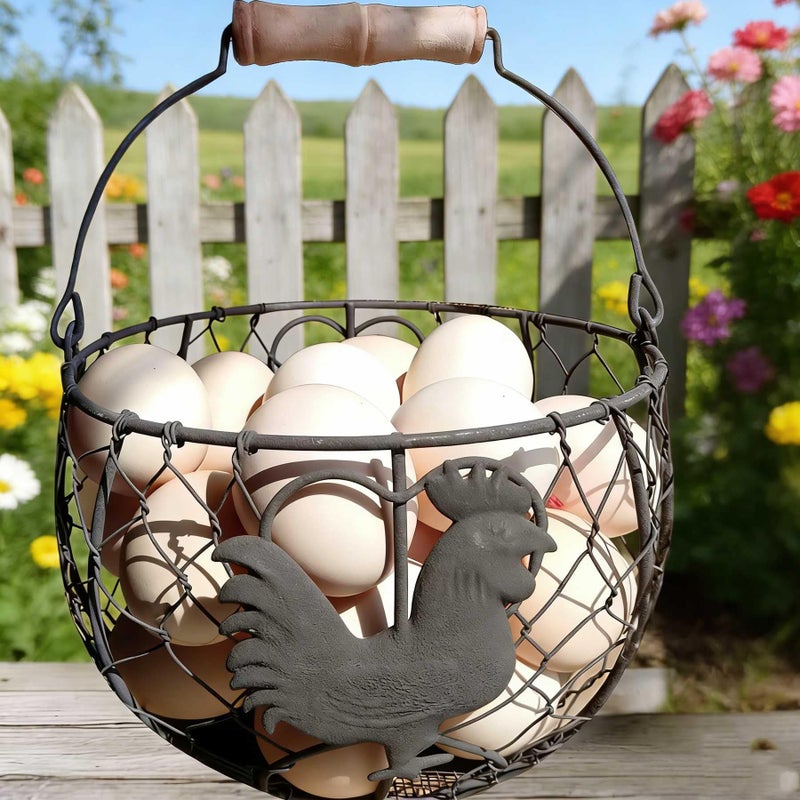 LINCOUNTRY Chicken Wire Egg Basket for Gathering Fresh Eggs Round Metal Egg Collecting Basket with Wooden Handle Farmhouse Kitchen Countertop Storage Holder Vintage Rustic Rooster Decor Daily Use - Image 2