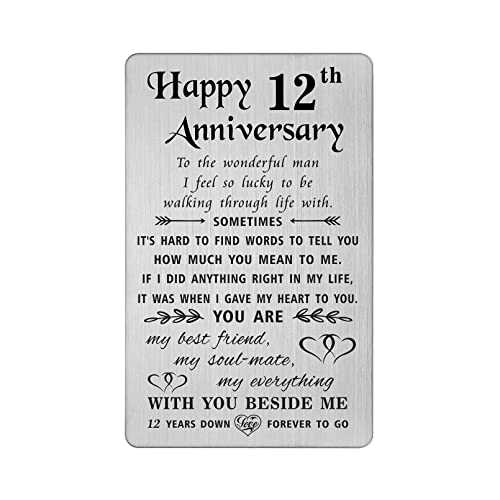 TANWIH 12 Year Anniversary Card Gifts for Him Men, Silk 12th Anniversary Card for Him, 12 Year Wedding Gifts for Husband Linen, Engraved Metal Wallet Insert - Image 1
