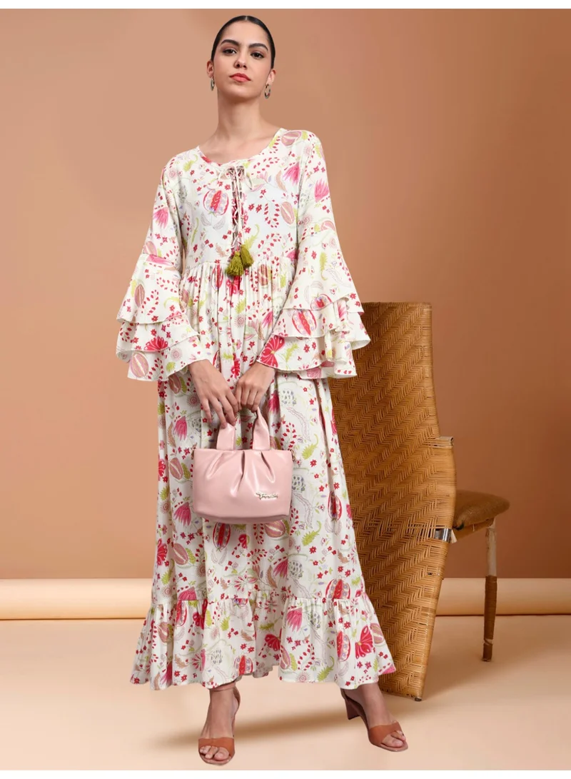 Women Floral Printed Rayon Jalabiya with Lace-Up Neckline-AL4006