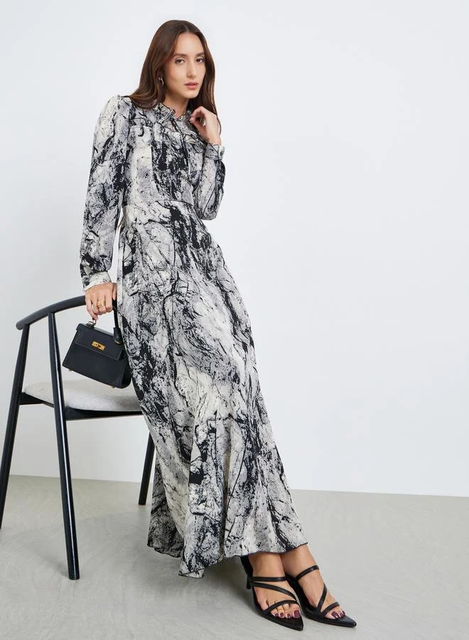 Take Two Women Printed Tie-up Neck Long Sleeve Maxi Dress