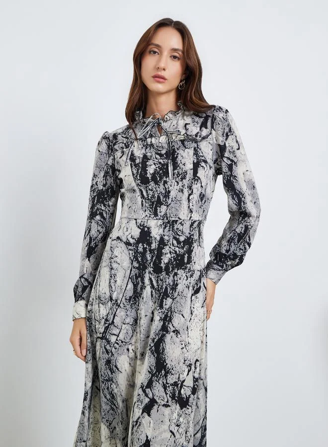 Take Two Women Printed Tie-up Neck Long Sleeve Maxi Dress