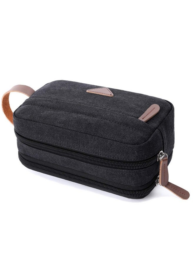 Mactso Mens Travel Toiletry Bag Canvas Leather Cosmetic Makeup Organizer Shaving Dopp Kits with Double Compartments (Black) - Image 2