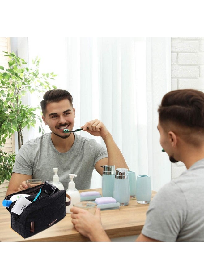 Mactso Mens Travel Toiletry Bag Canvas Leather Cosmetic Makeup Organizer Shaving Dopp Kits with Double Compartments (Black) - Image 4