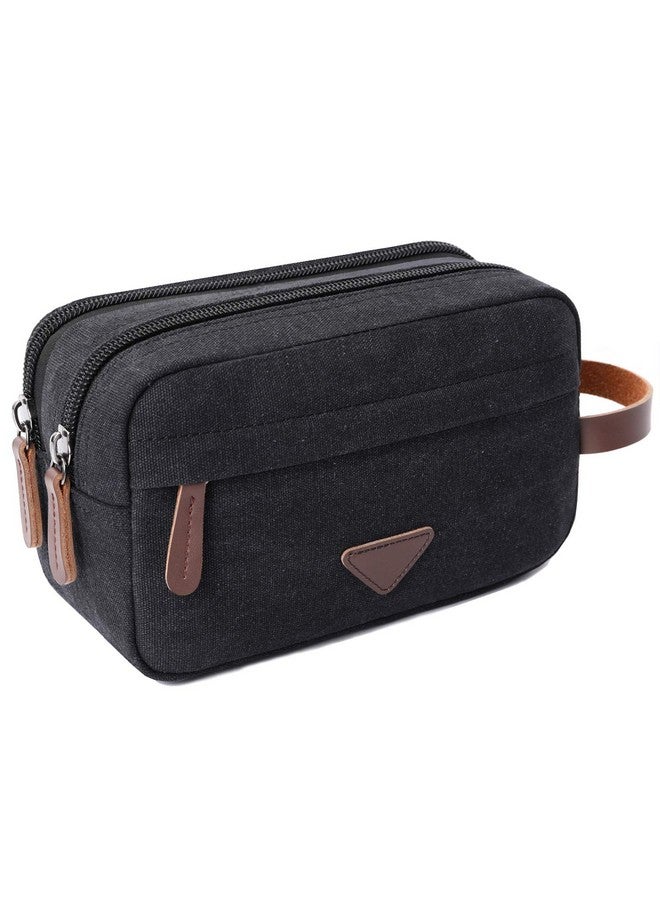 Mactso Mens Travel Toiletry Bag Canvas Leather Cosmetic Makeup Organizer Shaving Dopp Kits with Double Compartments (Black) - Image 1