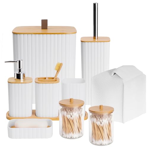 Bthenov Bathroom Accessory Set 10 Piece White Bathroom Sets Complete with Trash Can Toothbrush Holder Cup Soap Dispenser Soap Dish Toilet Brush Holder Vanity Tray Qtip Holder Tissue Box Cover - Image 1