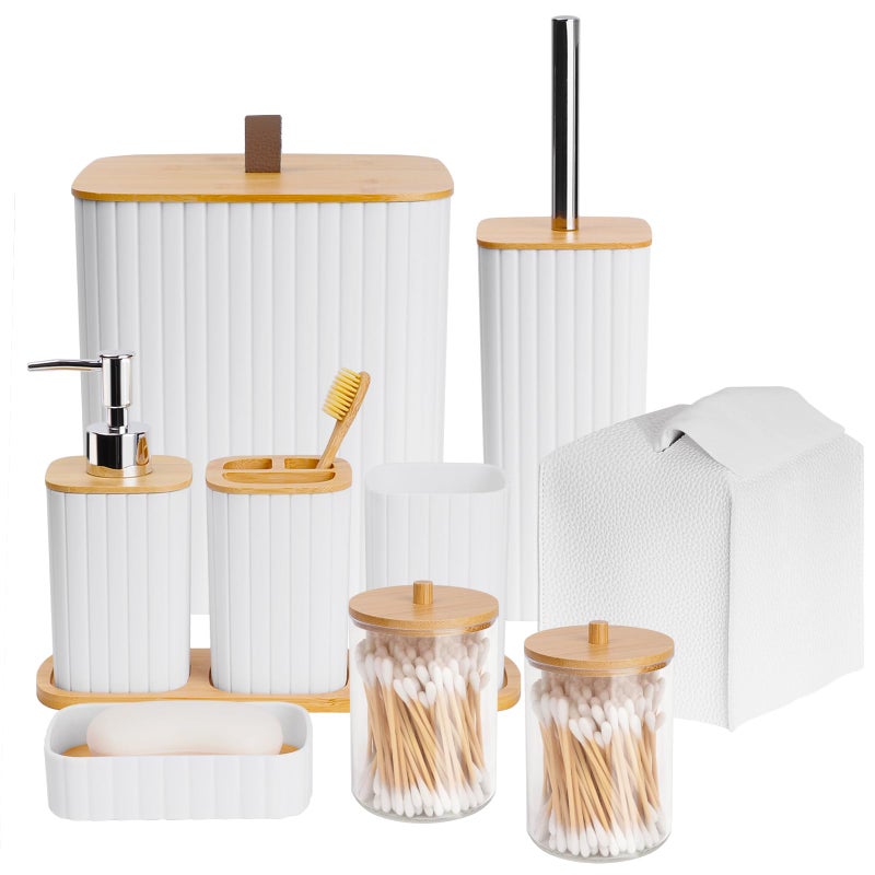 Bthenov Bathroom Accessory Set 10 Piece White Bathroom Sets Complete with Trash Can Toothbrush Holder Cup Soap Dispenser Soap Dish Toilet Brush Holder Vanity Tray Qtip Holder Tissue Box Cover - Image 2