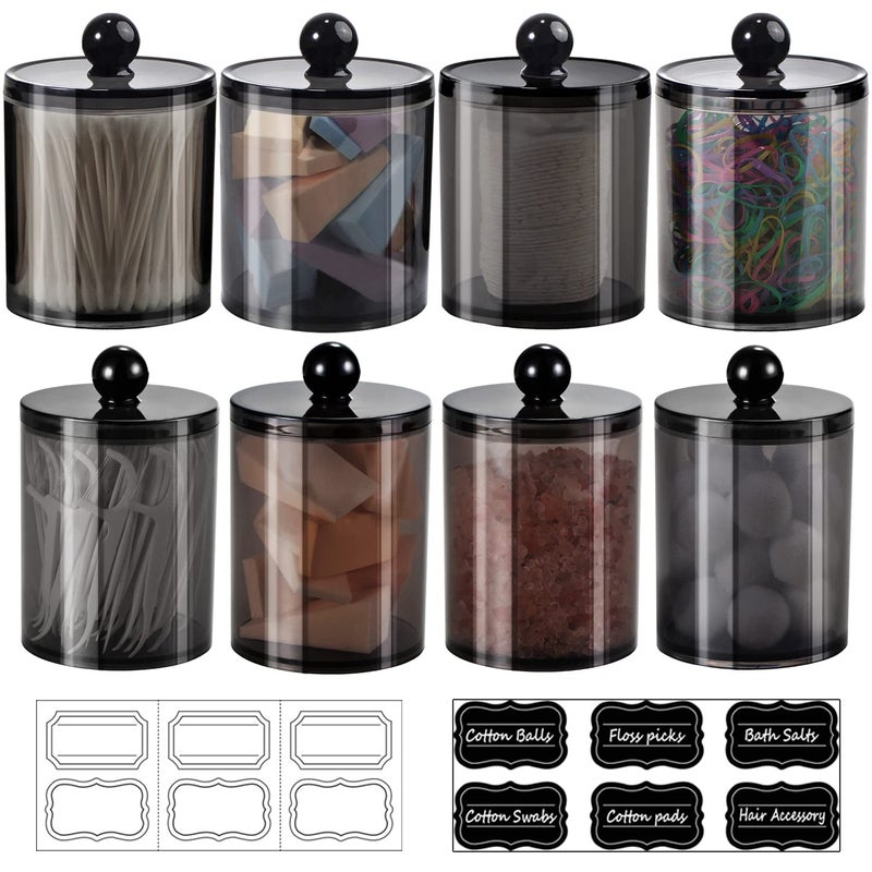 SheeChung 8 Pack Qtip Holder Cotton Round Holder with Lids 12 Labels 4 10oz 4 12oz Plastic Canisters Bathroom Storage Set for Cotton Swabs Balls Pads Floss Picks Black - Image 2