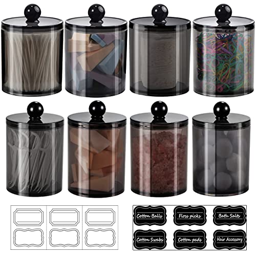 SheeChung 8 Pack Qtip Holder Cotton Round Holder with Lids 12 Labels 4 10oz 4 12oz Plastic Canisters Bathroom Storage Set for Cotton Swabs Balls Pads Floss Picks Black - Image 1