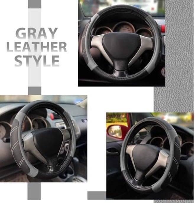 Elantrip Leather Large Steering Wheel Cover 15 1/2 to 16 inch Soft Grip Breathable for Car Truck SUV Jeep Anti Slip Black and  Gray - Image 5