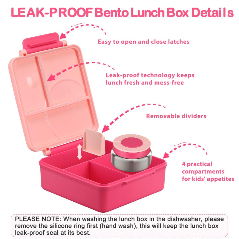 Howeemo Bento Lunch Box Set for Kids with 8oz Soup Thermo, Leak-Proof Lunch Containers with 4 Compartment, Kids Thermo Hot Food Jar and Insulated Lunch Bag for Kid to School-Pink - Image 5