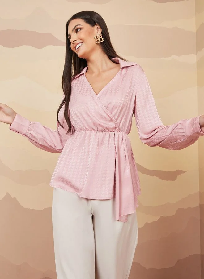 Styli Satin Houndstooth Jacquard Wrap Front Blouse