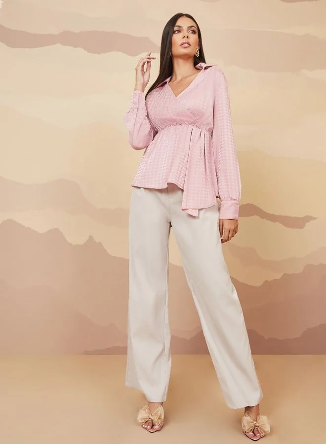 Styli Satin Houndstooth Jacquard Wrap Front Blouse
