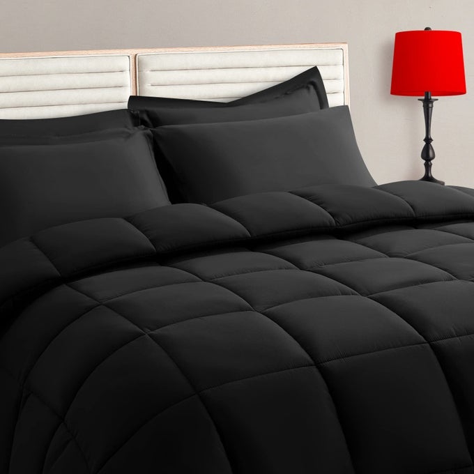 QUEEN SIZE COMFORTER SET 7 PIECES BED IN A BAG BEDDING SETS WITH ALL SEASON SOFT QUILTED WARM FLUFFY REVERSIBLE COMFORTERFLAT SHEETFITTED SHEET2 PILLOW SHAMS2 PILLOWCASESBLACK