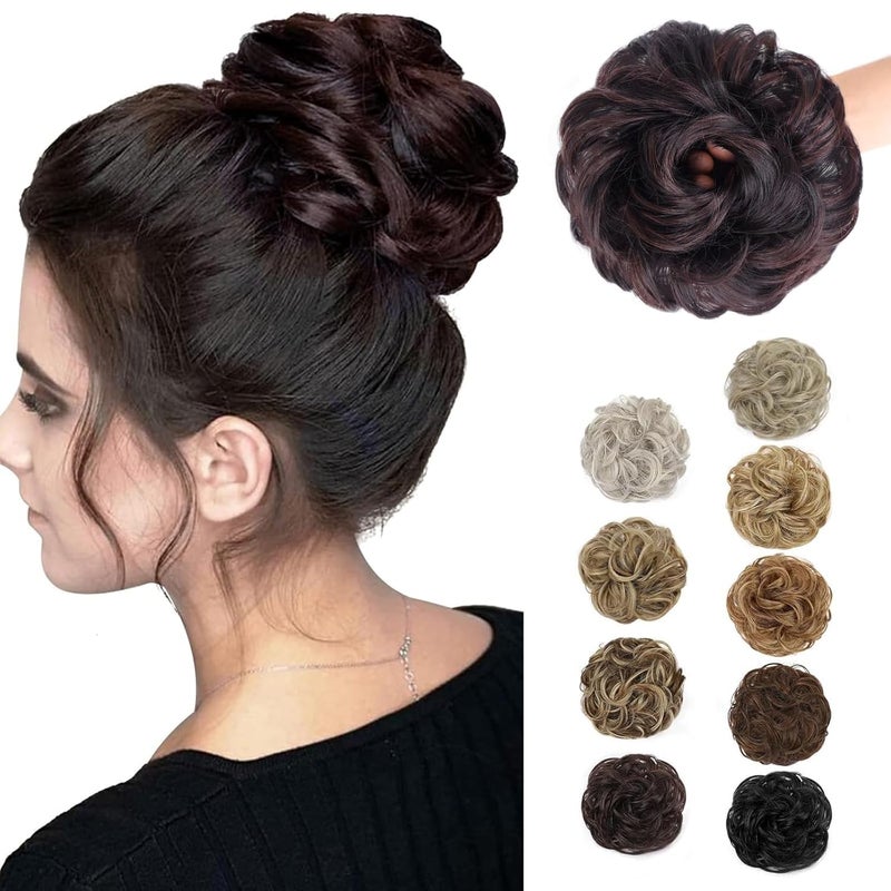 MORICA 1PCS Messy Hair Bun Hair Scrunchies Extension Curly Wavy Messy Bun Hair Synthetic Chignon Hairpieces for Women233Darkest Brown  Dark Auburn Mixed