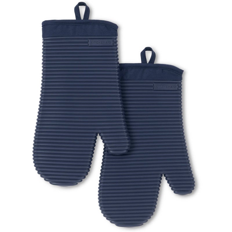 KitchenAid Ribbed Soft Silicone Oven Mitt 2-Pack Set  Ink Blue  7.5""x13"" - Image 1
