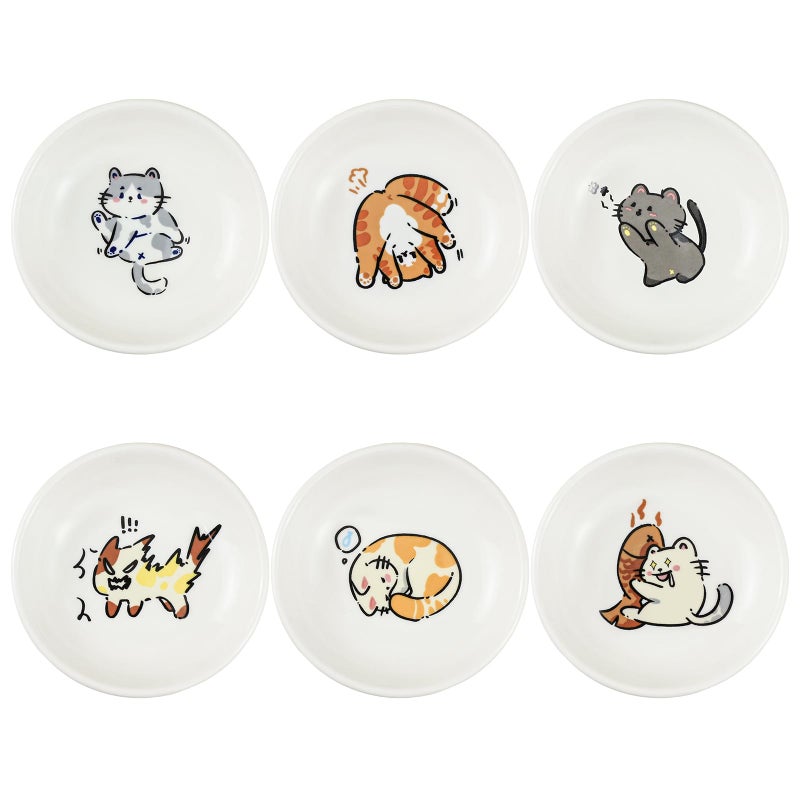SOCOSY Super Cute Cartoon Animal Ceramic Sauce Dishes, Seasoning Dishes, Little Cat Dog Bird Feeding Bowls, Sushi Soy Dipping Bowls, Appetizer Plates, Dessert Plates, Set of 6-Cats-3.5 Inch - Image 1