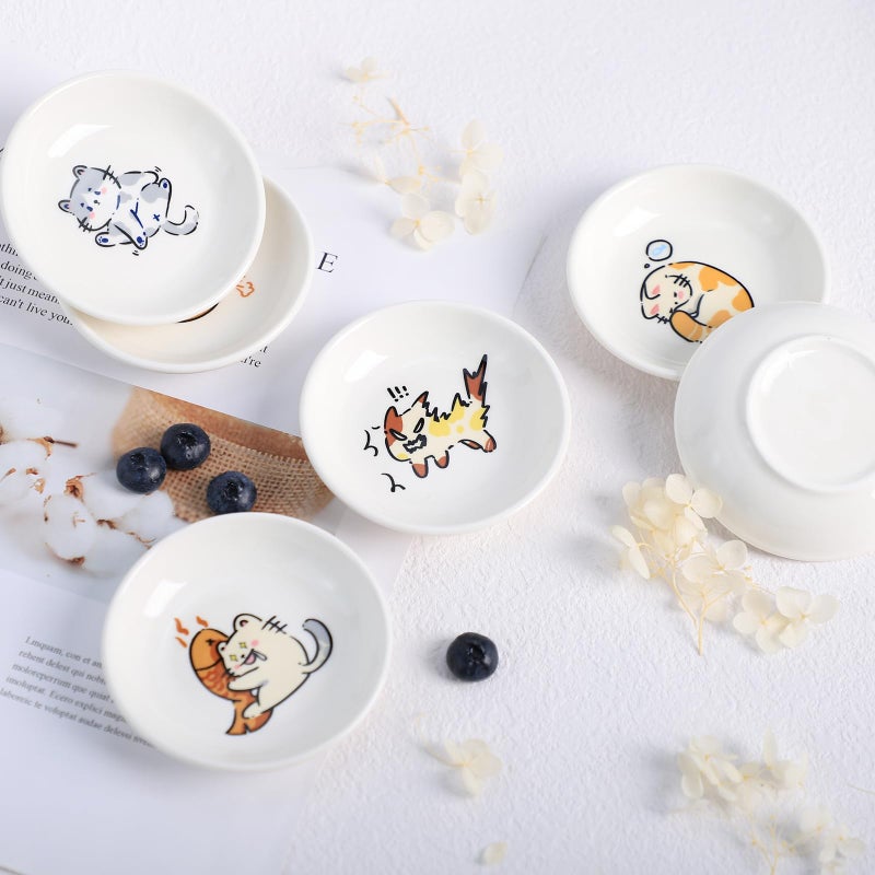 SOCOSY Super Cute Cartoon Animal Ceramic Sauce Dishes, Seasoning Dishes, Little Cat Dog Bird Feeding Bowls, Sushi Soy Dipping Bowls, Appetizer Plates, Dessert Plates, Set of 6-Cats-3.5 Inch - Image 3