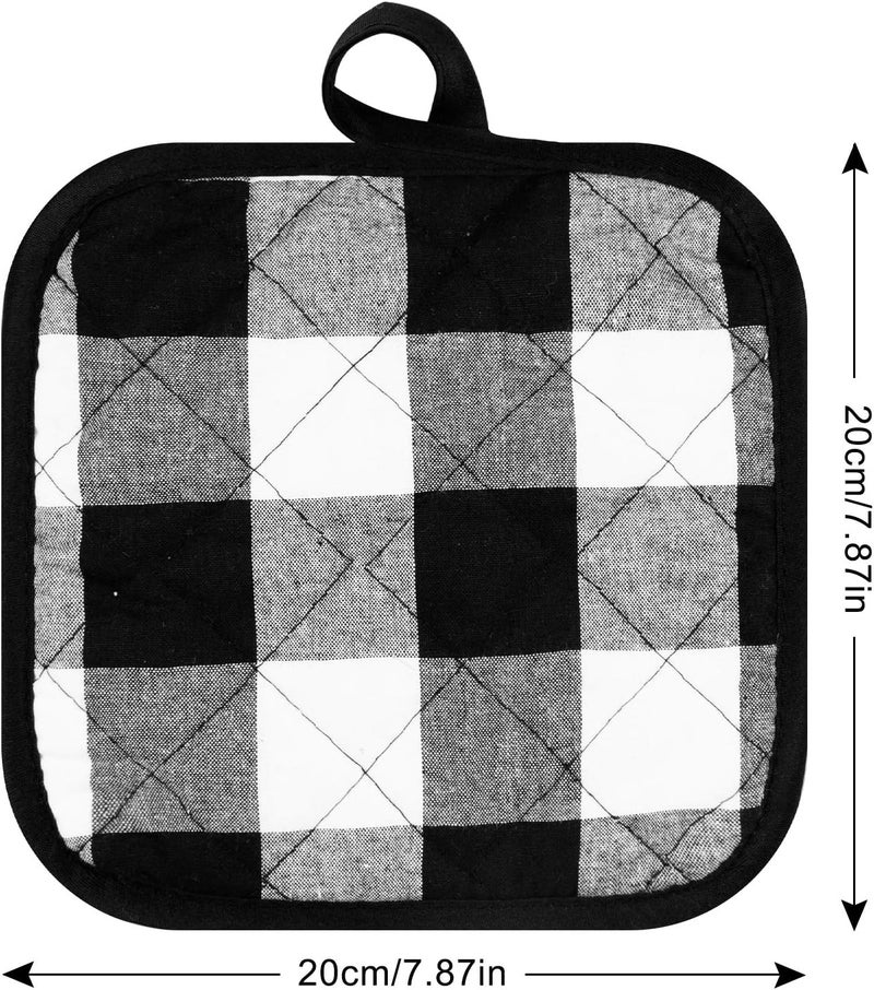 Whaline Whaline 6pcs Christmas Buffalo Plaid Hot Pot Holders Cotton Hot Pad with Pocket Reusable Heat Resistant Oven Mint for Kitchen Cooking and Baking White Black - Image 2