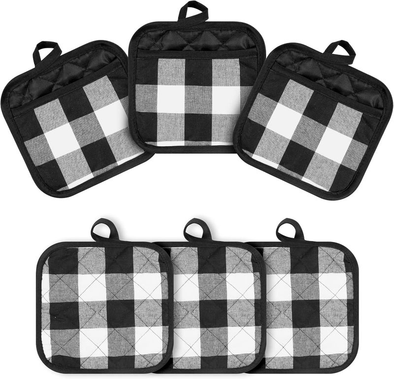 Whaline Whaline 6pcs Christmas Buffalo Plaid Hot Pot Holders Cotton Hot Pad with Pocket Reusable Heat Resistant Oven Mint for Kitchen Cooking and Baking White Black - Image 1