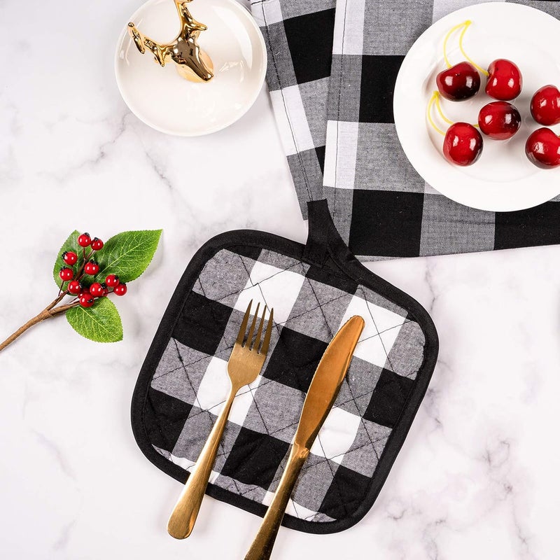 Whaline Whaline 6pcs Christmas Buffalo Plaid Hot Pot Holders Cotton Hot Pad with Pocket Reusable Heat Resistant Oven Mint for Kitchen Cooking and Baking White Black - Image 4