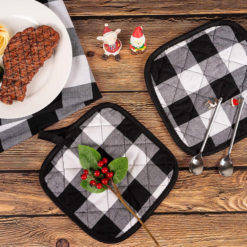 Whaline Whaline 6pcs Christmas Buffalo Plaid Hot Pot Holders Cotton Hot Pad with Pocket Reusable Heat Resistant Oven Mint for Kitchen Cooking and Baking White Black - Image 5