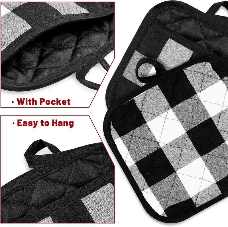Whaline Whaline 6pcs Christmas Buffalo Plaid Hot Pot Holders Cotton Hot Pad with Pocket Reusable Heat Resistant Oven Mint for Kitchen Cooking and Baking White Black - Image 3
