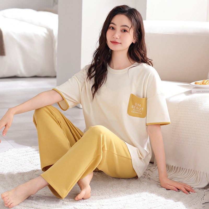New Style Pure Cotton Womens Pajamas Spring and Summer Short-sleeved Capri Pants Large Size Casual Fresh Home Clothes Womens Outer Wear Suit CZ-270016  - Image 5