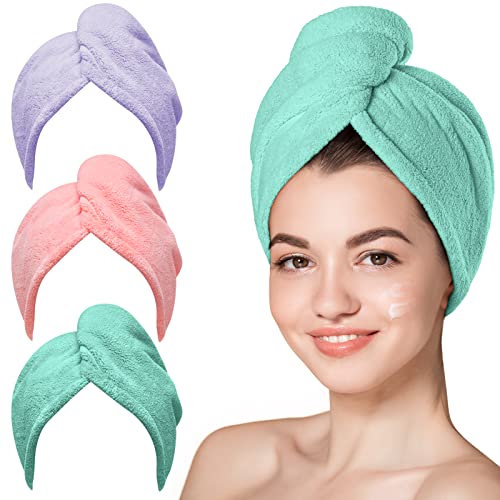 Hicober Microfiber Hair Towel 3 Packs Hair Turbans for Wet Hair Drying Hair Wrap Towels for Curly Hair Women Anti Frizz PinkPurpleGreen - Image 1