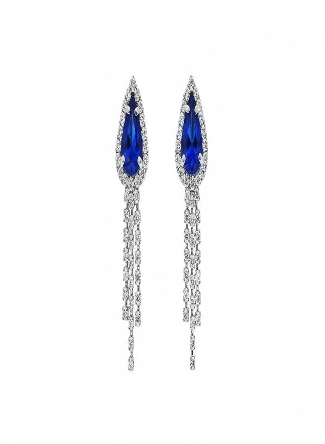 ISK Teardrop Crystal Statement Necklace and Earring Set for Women, Royal Blue and Clear Cubic Zirconia, Rhodium Plated Alloy, Wedding Bridal Jewelry - Image 3