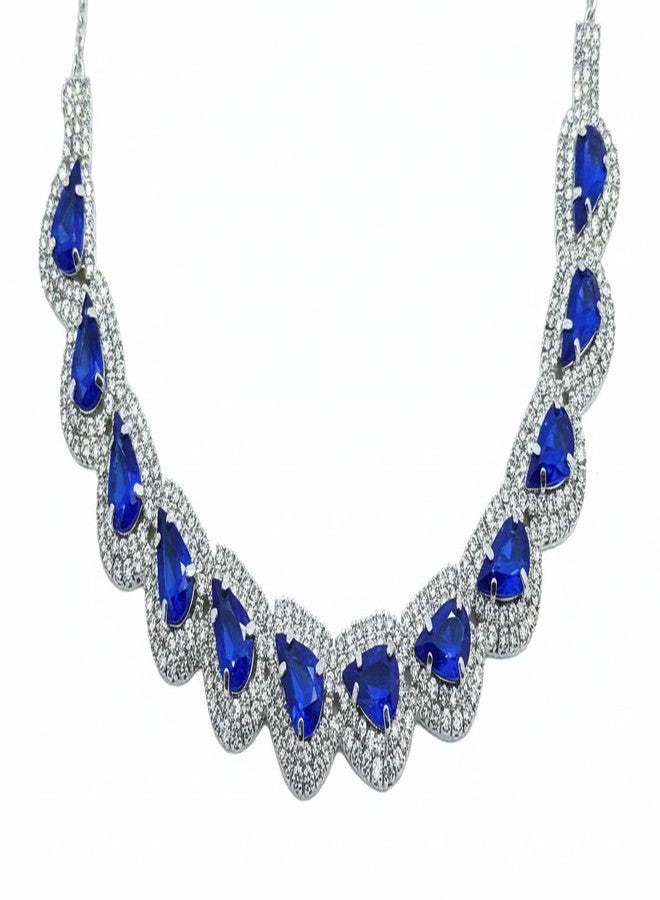 ISK Teardrop Crystal Statement Necklace and Earring Set for Women, Royal Blue and Clear Cubic Zirconia, Rhodium Plated Alloy, Wedding Bridal Jewelry - Image 2