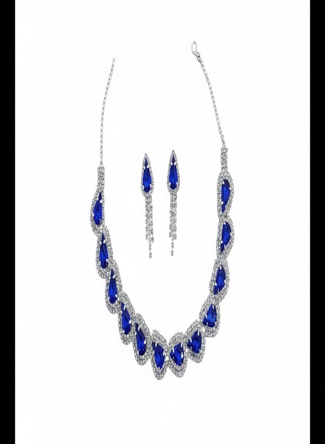 ISK Teardrop Crystal Statement Necklace and Earring Set for Women, Royal Blue and Clear Cubic Zirconia, Rhodium Plated Alloy, Wedding Bridal Jewelry - Image 1