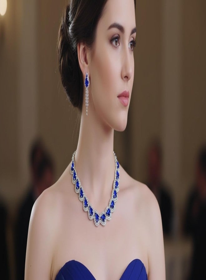 ISK Teardrop Crystal Statement Necklace and Earring Set for Women, Royal Blue and Clear Cubic Zirconia, Rhodium Plated Alloy, Wedding Bridal Jewelry - Image 5