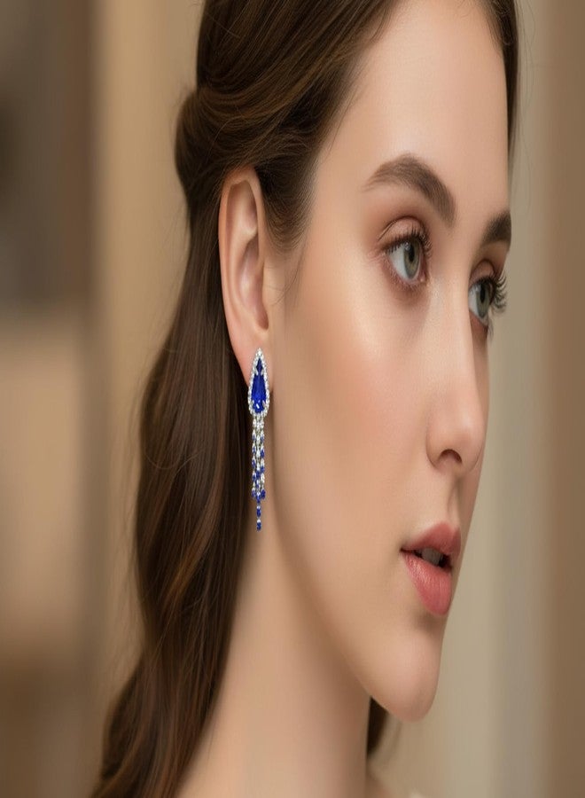 ISK Teardrop Crystal Statement Necklace and Earring Set for Women, Royal Blue and Clear Cubic Zirconia, Rhodium Plated Alloy, Wedding Bridal Jewelry - Image 4