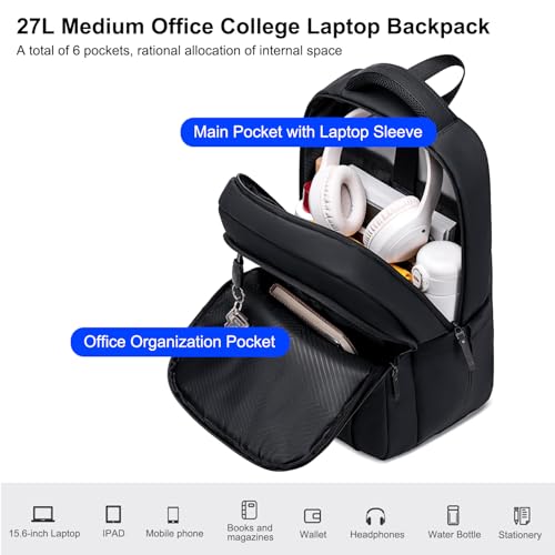 GOLDEN WOLF Laptop Backpack for Men Women 27L Medium Office College 15.6-inch Laptop Bag Anti-theft Water-resistant Sleek Breathable Backpack,Black - Image 2