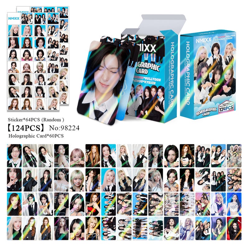 NMIXX 124PCS Holographic Cards & Star Stickers Set – 60PCS Holographic LOMO Cards + 64PCS Random Celebrity Stickers for DIY Scrapbooking, Album Decoration, Journaling, and Birthday Gift for Teens