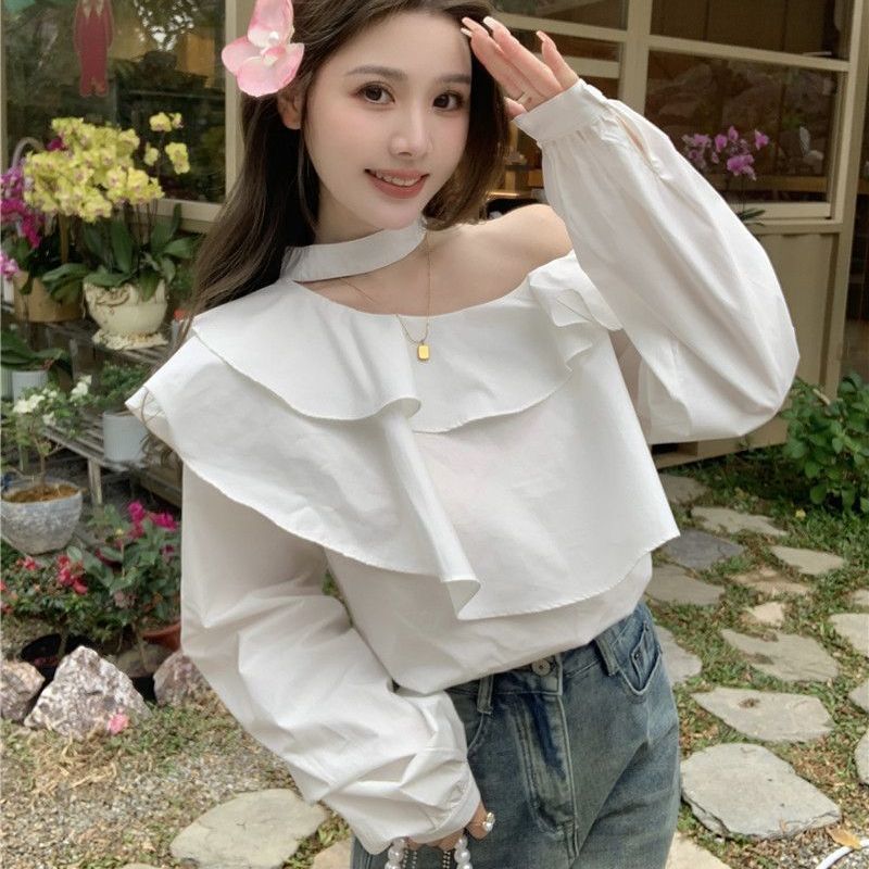 Elegant Long Sleeve Womens Shirt Shoulder Bared French Design Lotus Leaf Edge Spring Autumn Short Top Commute City Style White neck  - Image 1