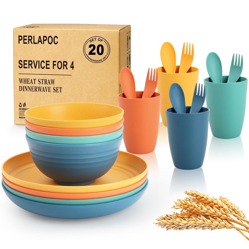 Perlapoc Wheat Straw Dinnerware Sets, 20 PCS Service for 4, Dishwasher & Microwave Safe Kids Plates and Bowls Sets, Unbreakable Lightweight Outdoor Camping Dishes - Multicolor - Image 1