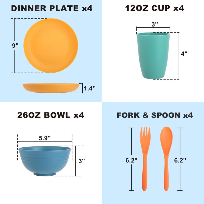 Perlapoc Wheat Straw Dinnerware Sets, 20 PCS Service for 4, Dishwasher & Microwave Safe Kids Plates and Bowls Sets, Unbreakable Lightweight Outdoor Camping Dishes - Multicolor - Image 2