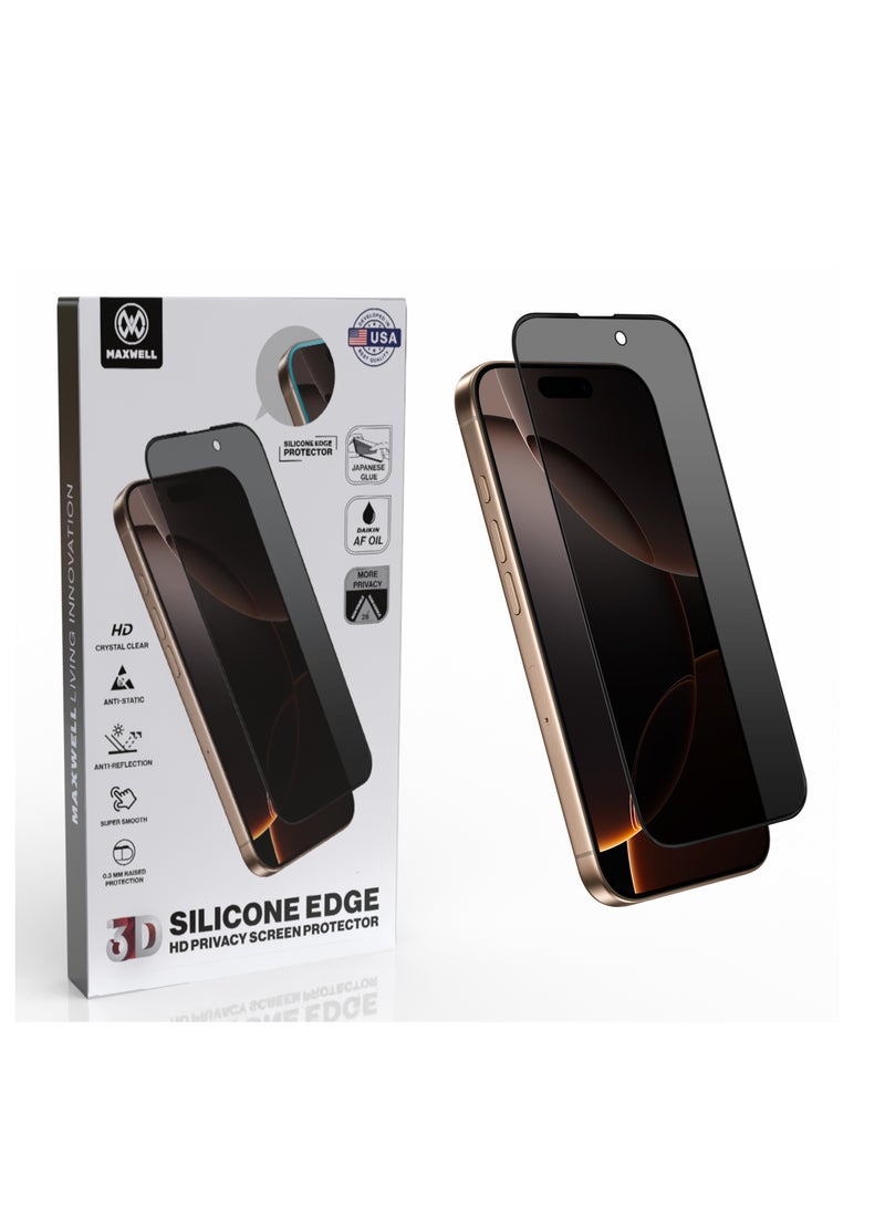 ماكسويل للالكترونيات حامي شاشة ماكسويل 3D بحافة سيليكون HD للخصوصية متوافق مع iPhone 16 Pro Max، يوفر وضوحًا شفافًا، ومضاد للكهرباء الساكنة، ومضاد للانعكاس، وحماية مرتفعة بسمك 0.33 مم. سهل التركيب وخالي من الفقاعات - Image 1
