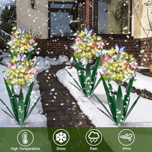 Homight Solar Metal Agave Butterfly Flower Stick Garden Sculpture - Outdoor Christmas Lights With Swaying Butterfly Sunflower - Solar Outdoor Gift (3 PCS Green) - Image 3