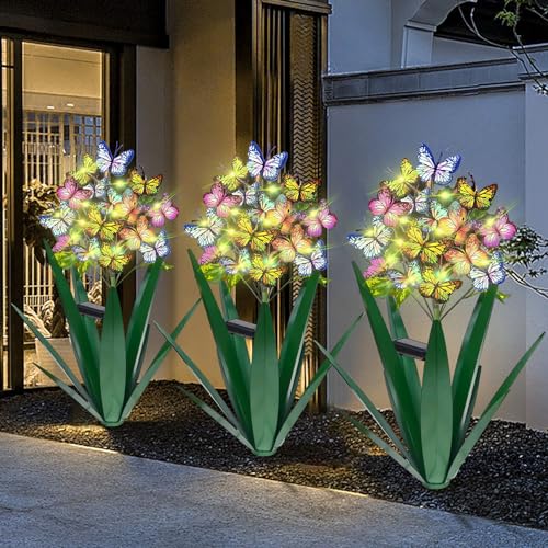 Homight Solar Metal Agave Butterfly Flower Stick Garden Sculpture - Outdoor Christmas Lights With Swaying Butterfly Sunflower - Solar Outdoor Gift (3 PCS Green) - Image 1