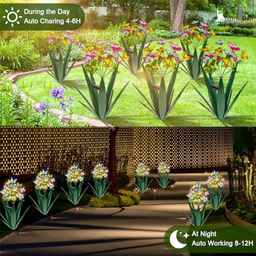 Homight Solar Metal Agave Butterfly Flower Stick Garden Sculpture - Outdoor Christmas Lights With Swaying Butterfly Sunflower - Solar Outdoor Gift (3 PCS Green) - Image 4