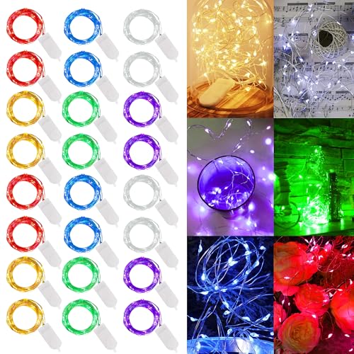 WATERGLIDE 24 Pack Fairy Lights Battery Operated (Included), 7 ft 20 LED Mini String Lights, Waterproof Silver Wire Firefly Starry Lights for DIY Wedding Christmas Party Mason Jars Decor, Multicolor - Image 1