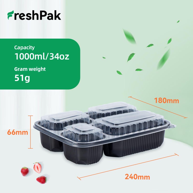 FRESHPAK Meal Prep Container Reusable 40 Pack 34oz - Shrink Wrap Leakproof | Portion Control Leftover Plastic Food Containers with Lid | BPA Free Freezer & Microwave Safe | 4 Compartment Takeout Boxes - Image 2